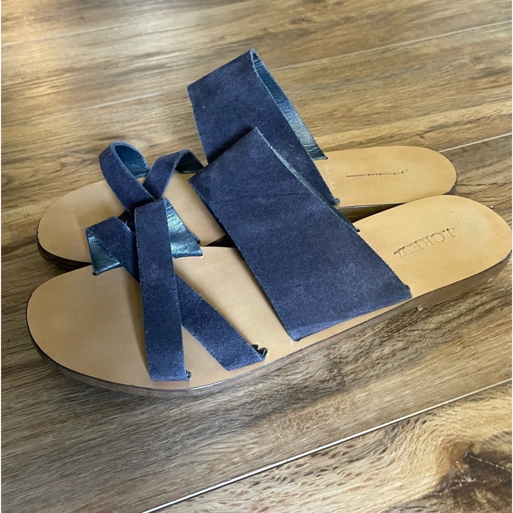 J Crew Womens Leather Cross Strap Slide On Sandals Navy Blue Sz 9